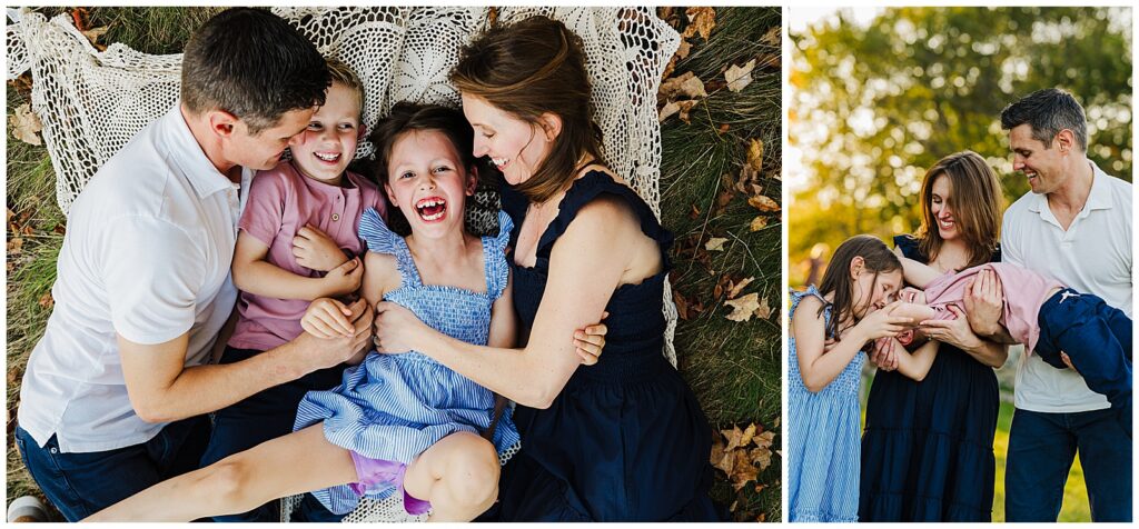 Kids piling in on parents for a relaxed family photo that blends posed and candid photography styles