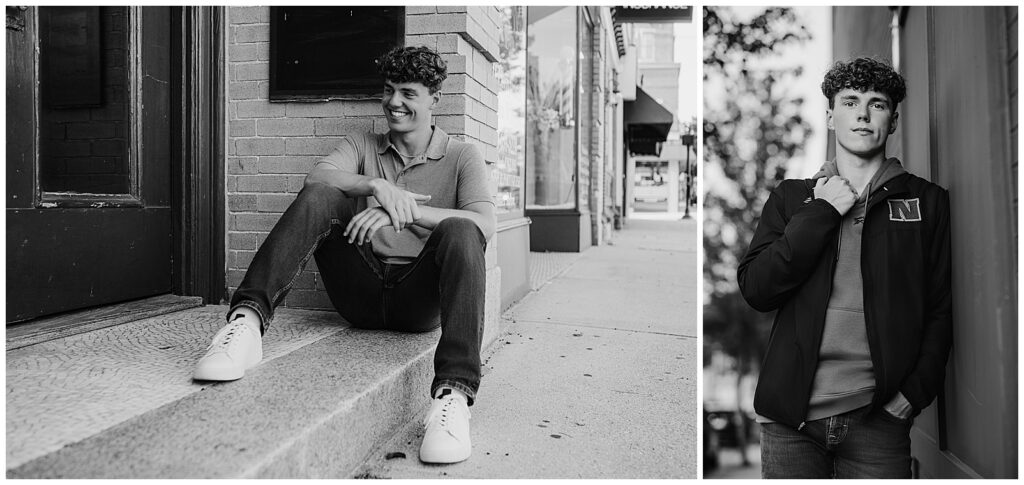 Black and white collage of senior boy portraits in downtown Milford, including one seated on a storefront step and one standing in an alleyway.