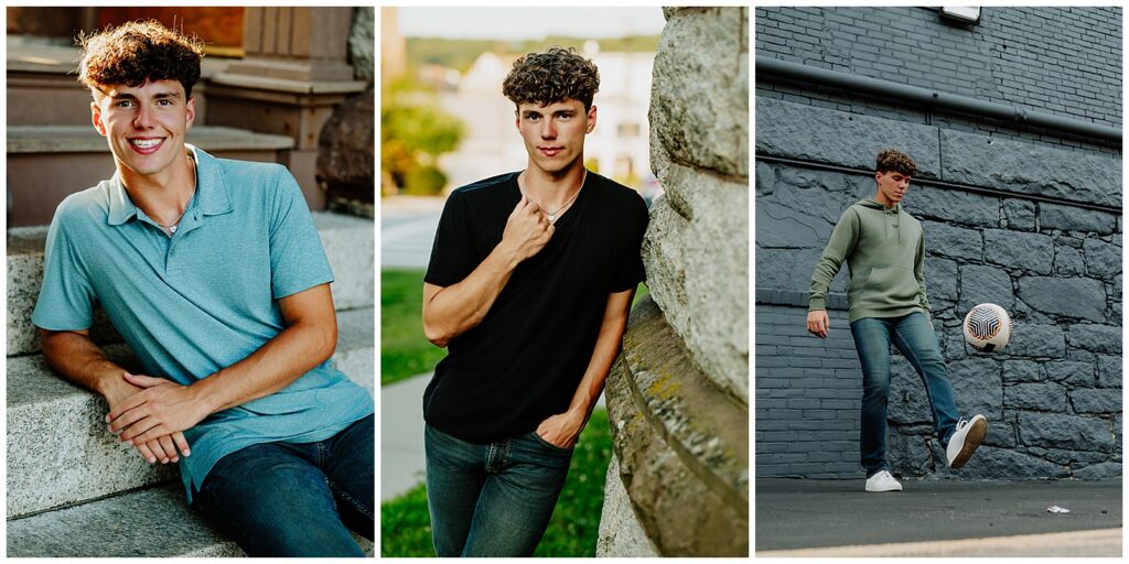 Collage of male senior portraits in Milford featuring stone steps, a granite wall, and a soccer ball for a fun urban senior session.