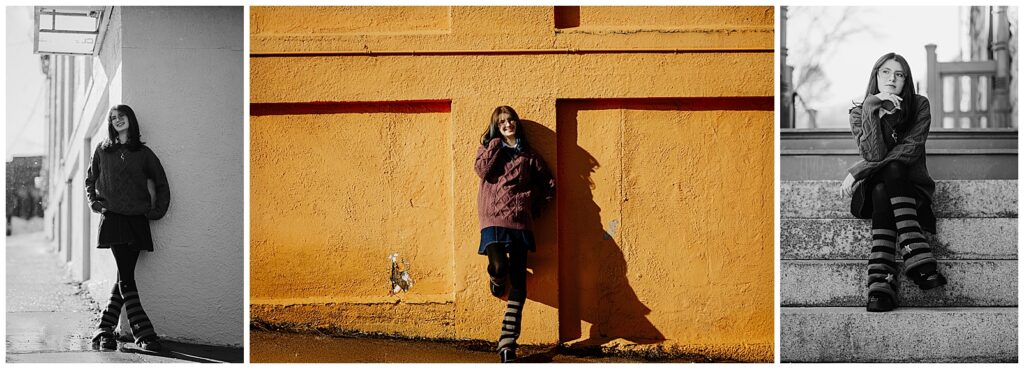 Collage of senior girl portraits in downtown Milford featuring striped leg warmers, urban walls, and stone steps.