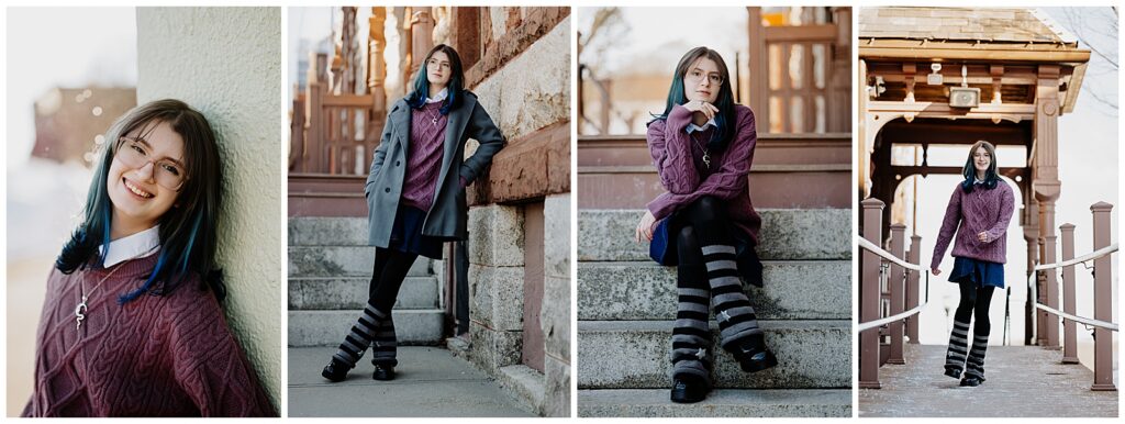 Collage of senior girl portraits in Milford with blue hair, purple sweater, stone steps, and a historic downtown building.