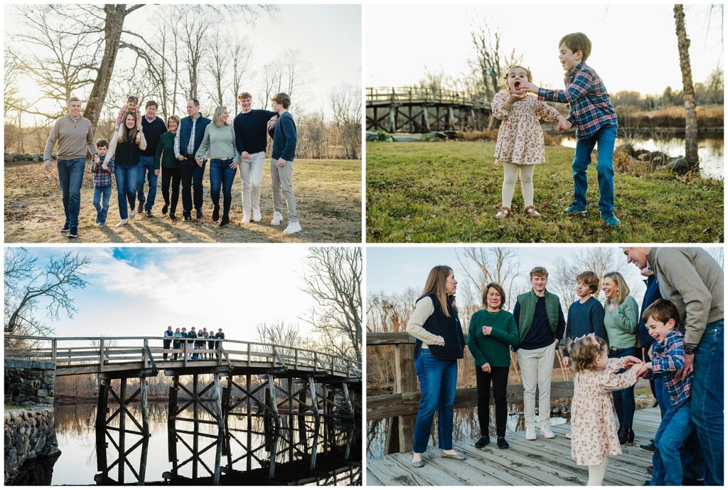 Extended family photo session at a wooden bridge in winter, multi-generational candid moments including siblings playing and grandparents walking with family, MetroWest Massachusetts family photographer