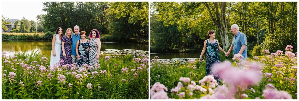 dult siblings and grandparents posing together near a pond in summer wildflowers, with candid couple portrait of grandparents holding hands, Massachusetts extended family photographer