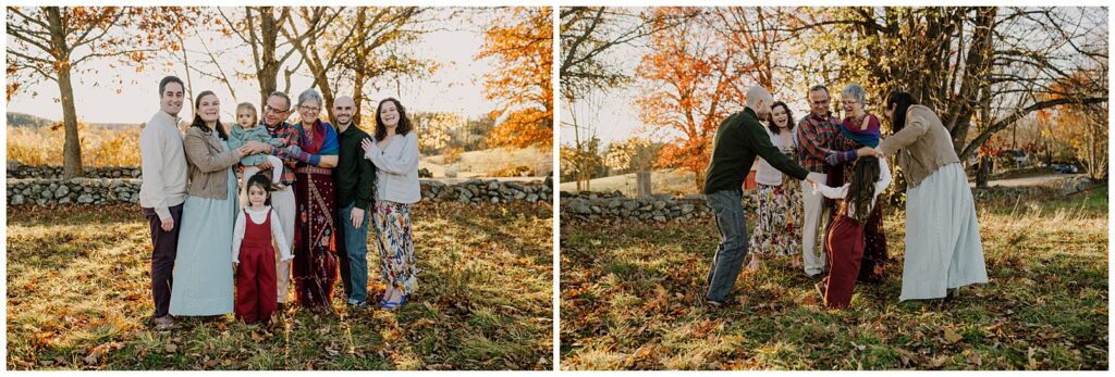 Multi-generational family session in fall foliage, candid moments of grandparents and adult children laughing together with toddlers