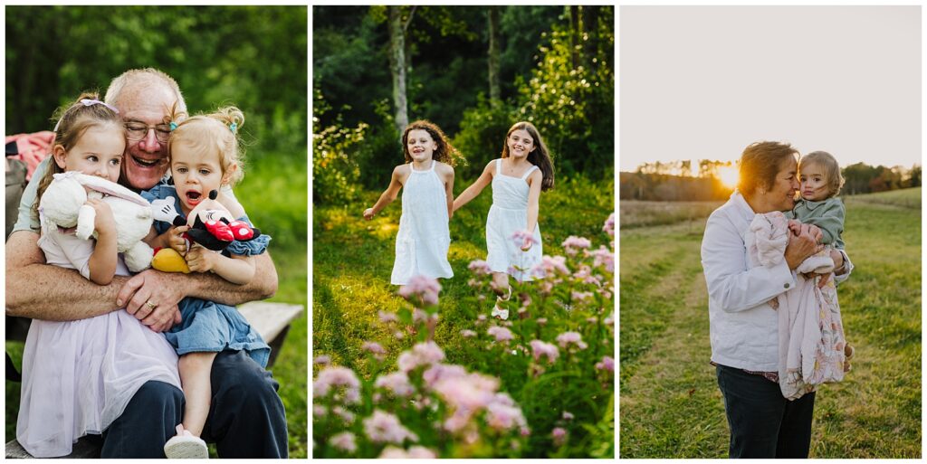 portraits including grandfather laughing with two granddaughters holding stuffed animals, girl cousins running through wildflowers, and grandmother kissing baby at golden hour, Massachusetts family photography