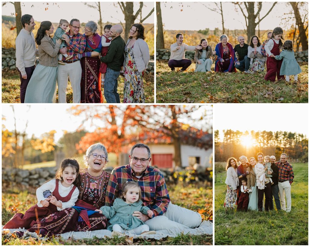 Multi-generational extended family session in fall New England with golden sunset, candid group laughter, grandparents cuddling grandchildren on blanket, and full family silhouette at golden hour, Boston Massachusetts family photographer