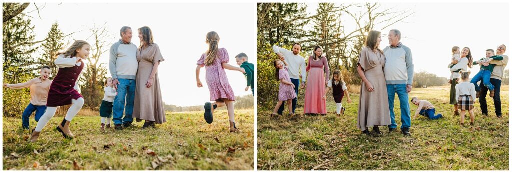 Grandchildren running full speed toward grandparents in a fall field, and chaotic joyful extended family pile-on with grandparents at the center, candid family photography in Massachusetts
