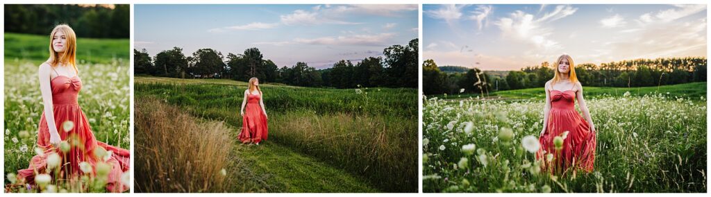 Senior girl in a coral dress walking through a wildflower meadow at sunset at Chestnut Hill Farm in Southborough MA
