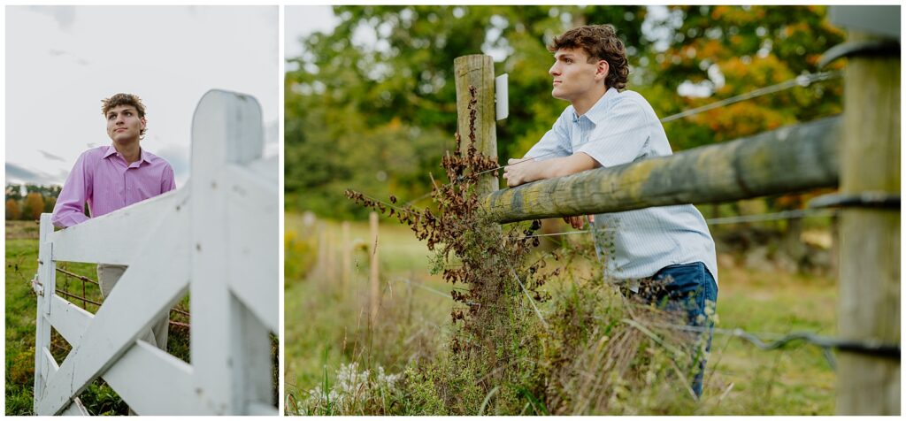 Senior boy in a light blue shirt leaning on a wooden fence post overlooking the pasture at Chestnut Hill Farm