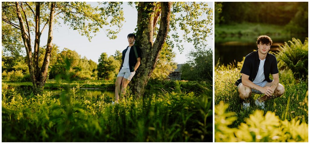 Hopkinton senior guy leaning against a tree beside Pratt Pond in summer greenery