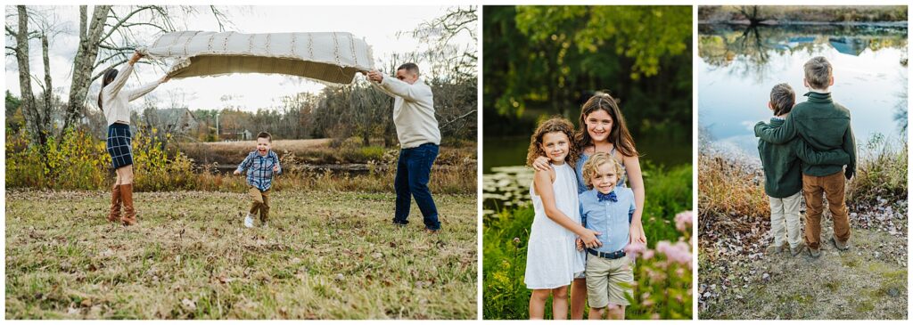 Fall Pratt Pond Hopkinton photography family session with a blanket toss and siblings by the pond
