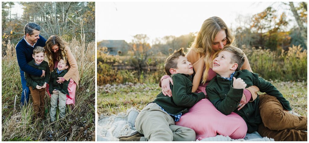 Golden hour fall family session on a blanket in the field at Pratt Pond Hopkinton Massachusetts