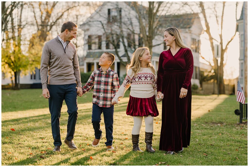 holiday family photoshoot outfits burgundy velvet dress and plaid shirt Massachusetts