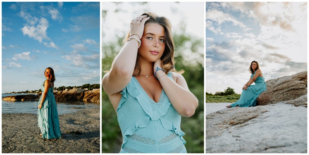 what to wear for a senior photoshoot beach Massachusetts teal ruffle dress